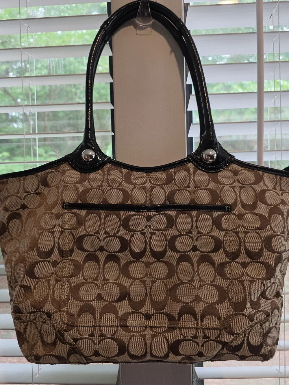 Coach Signature Canvas Tote Bag in Khaki/Chocolate/Black. Used Gread Condition.